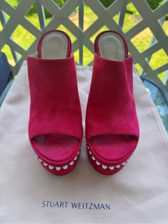 Stuart Weitzman Shoes - Stuart Weitzman SkyHigh Hot Pink Pearl-Trim Studded Platform Mules Sandals